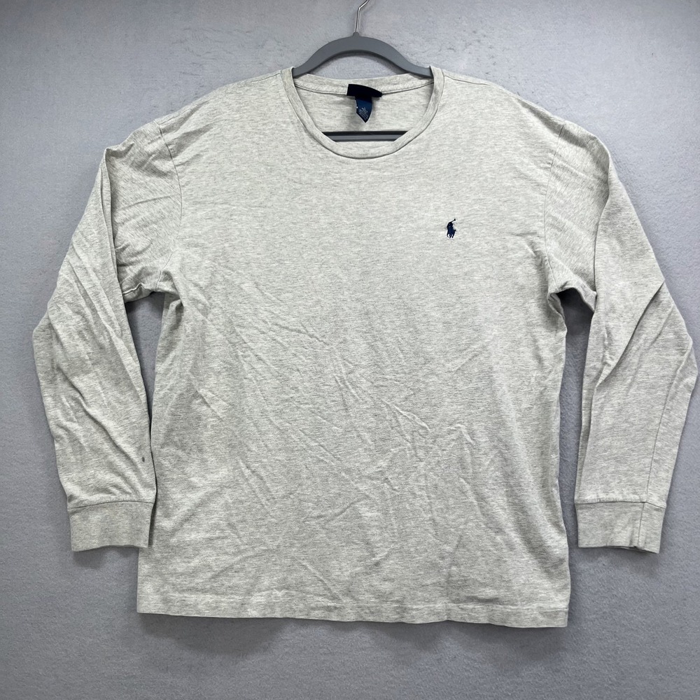 Polo Ralph Lauren T Shirt Mens Large‎ Gray Long Sleeve Crew Neck Blue Pony Tee